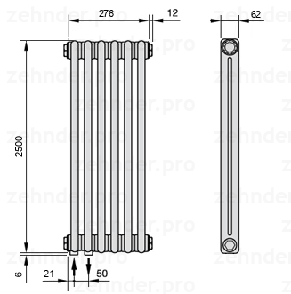 Схема (чертеж) Радиатор Zehnder Charleston 2250/6 №3370 Белый глянцевый RAL 9016